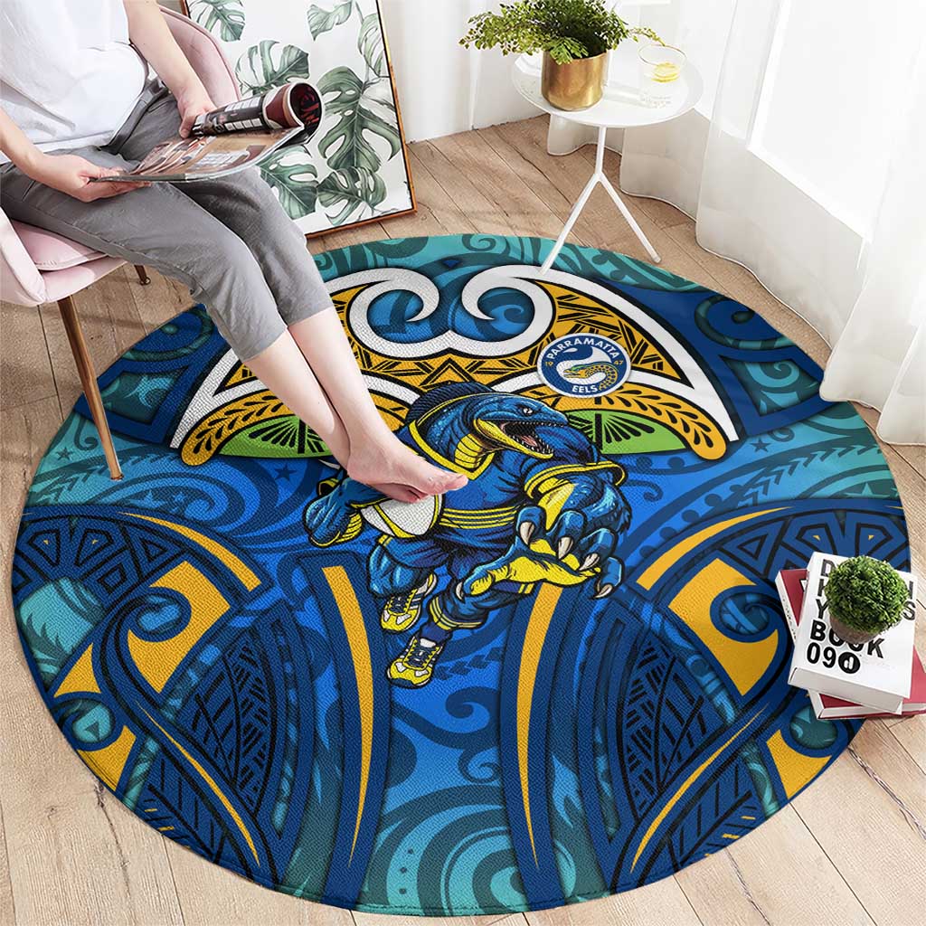Parramatta Eels Rugby Round Carpet Polynesian Tribal Eel Warrior Blue Gold Pattern