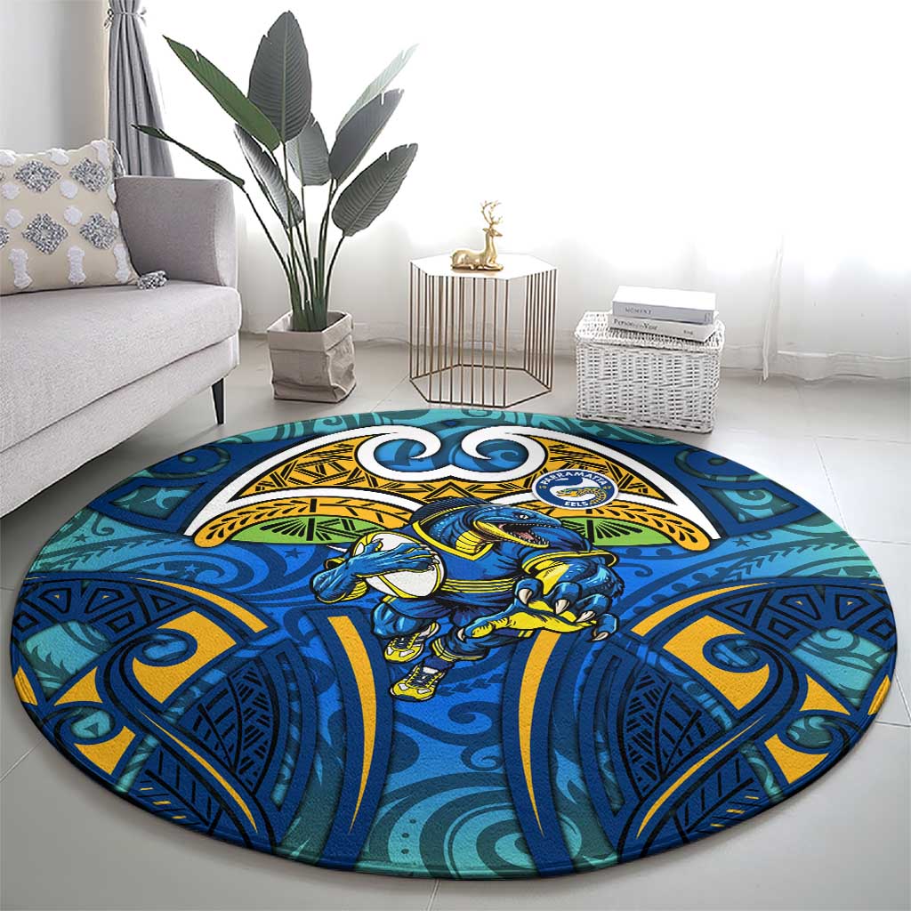 Parramatta Eels Rugby Round Carpet Polynesian Tribal Eel Warrior Blue Gold Pattern