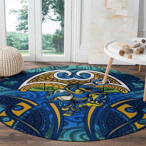 Parramatta Eels Rugby Round Carpet Polynesian Tribal Eel Warrior Blue Gold Pattern