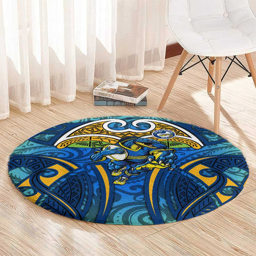 Parramatta Eels Rugby Round Carpet Polynesian Tribal Eel Warrior Blue Gold Pattern