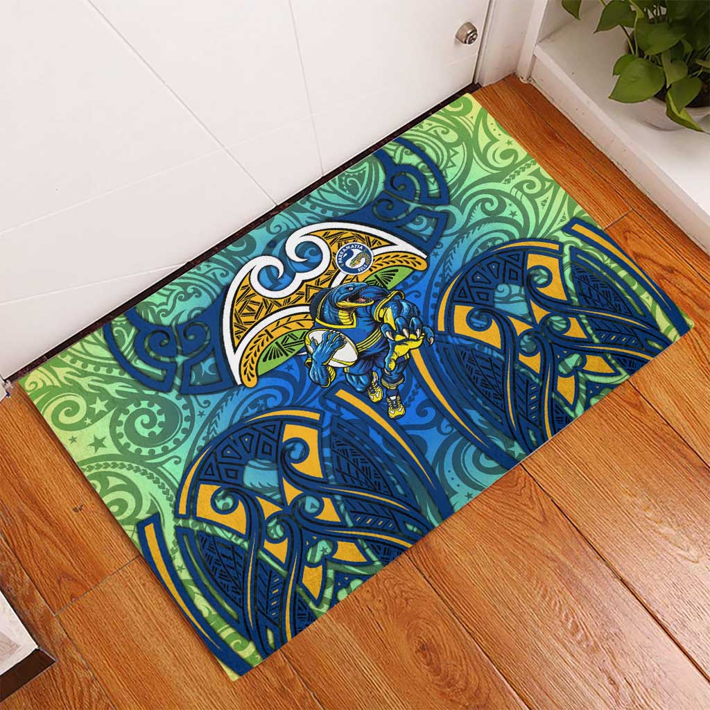 Parramatta Eels Rugby Rubber Doormat Polynesian Tribal Eel Warrior Blue Gold Pattern