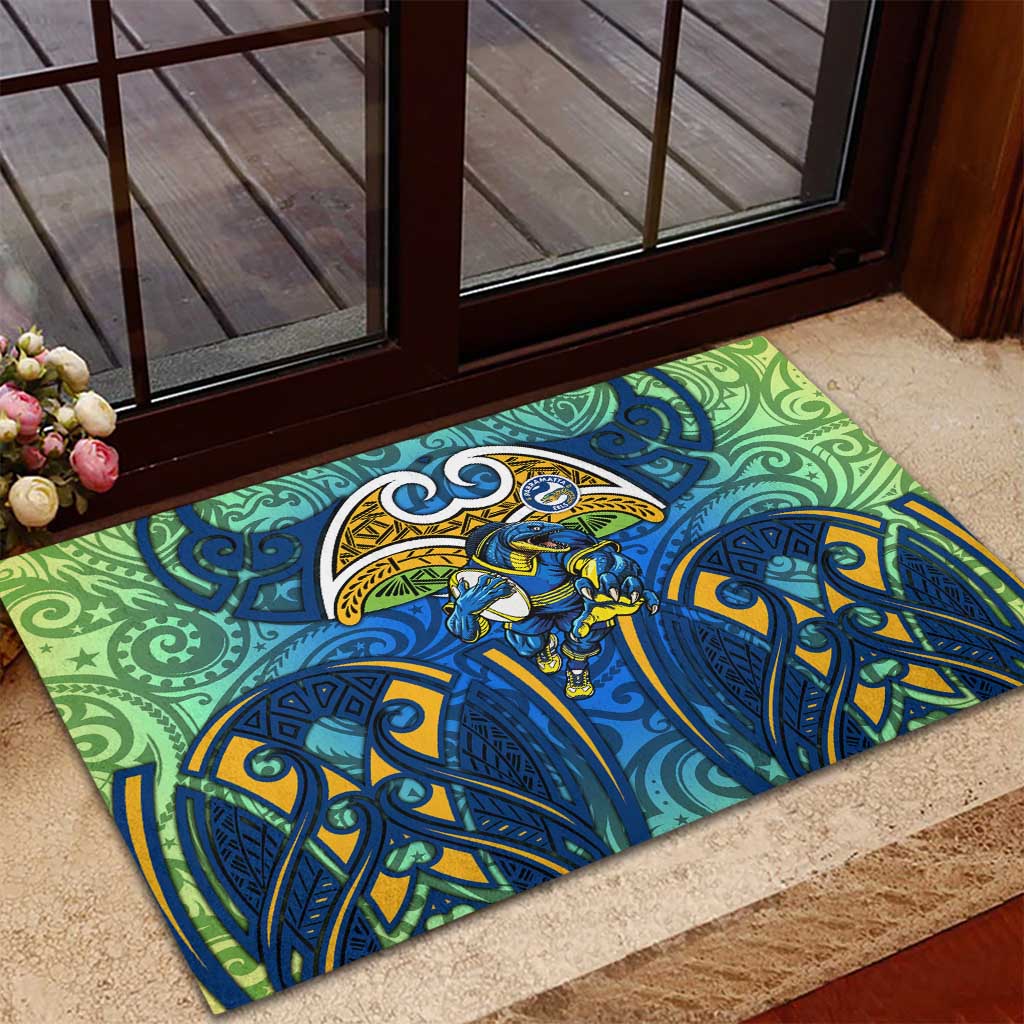 Parramatta Eels Rugby Rubber Doormat Polynesian Tribal Eel Warrior Blue Gold Pattern
