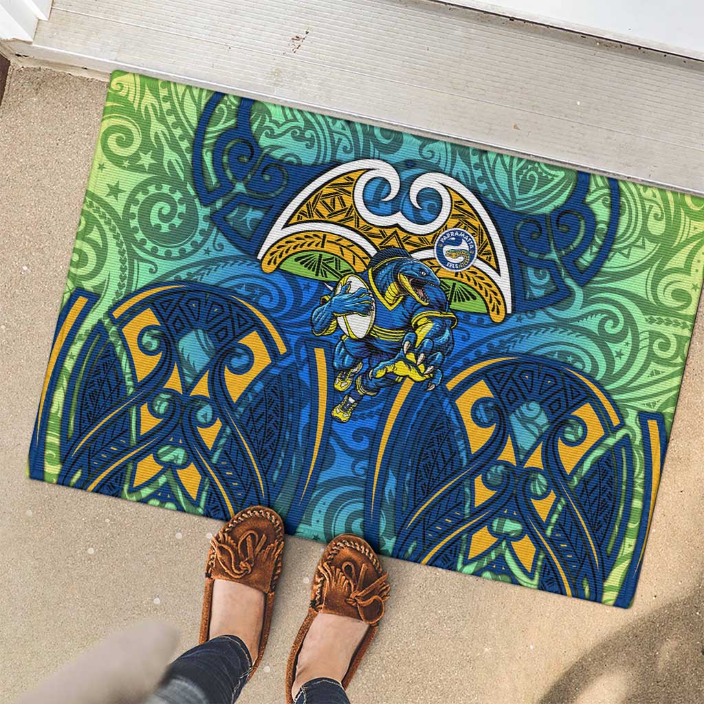 Parramatta Eels Rugby Rubber Doormat Polynesian Tribal Eel Warrior Blue Gold Pattern