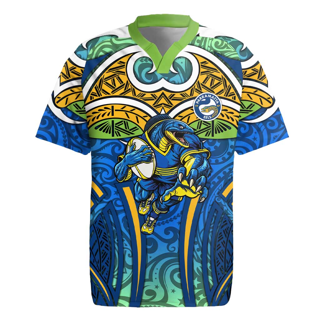 Parramatta Eels Rugby Rugby Jersey Polynesian Tribal Eel Warrior Blue Gold Pattern