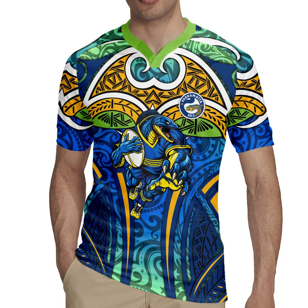 Parramatta Eels Rugby Rugby Jersey Polynesian Tribal Eel Warrior Blue Gold Pattern
