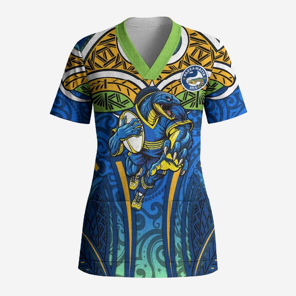 Parramatta Eels Rugby Scrub Top Polynesian Tribal Eel Warrior Blue Gold Pattern