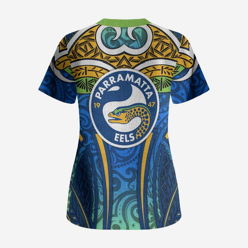 Parramatta Eels Rugby Scrub Top Polynesian Tribal Eel Warrior Blue Gold Pattern