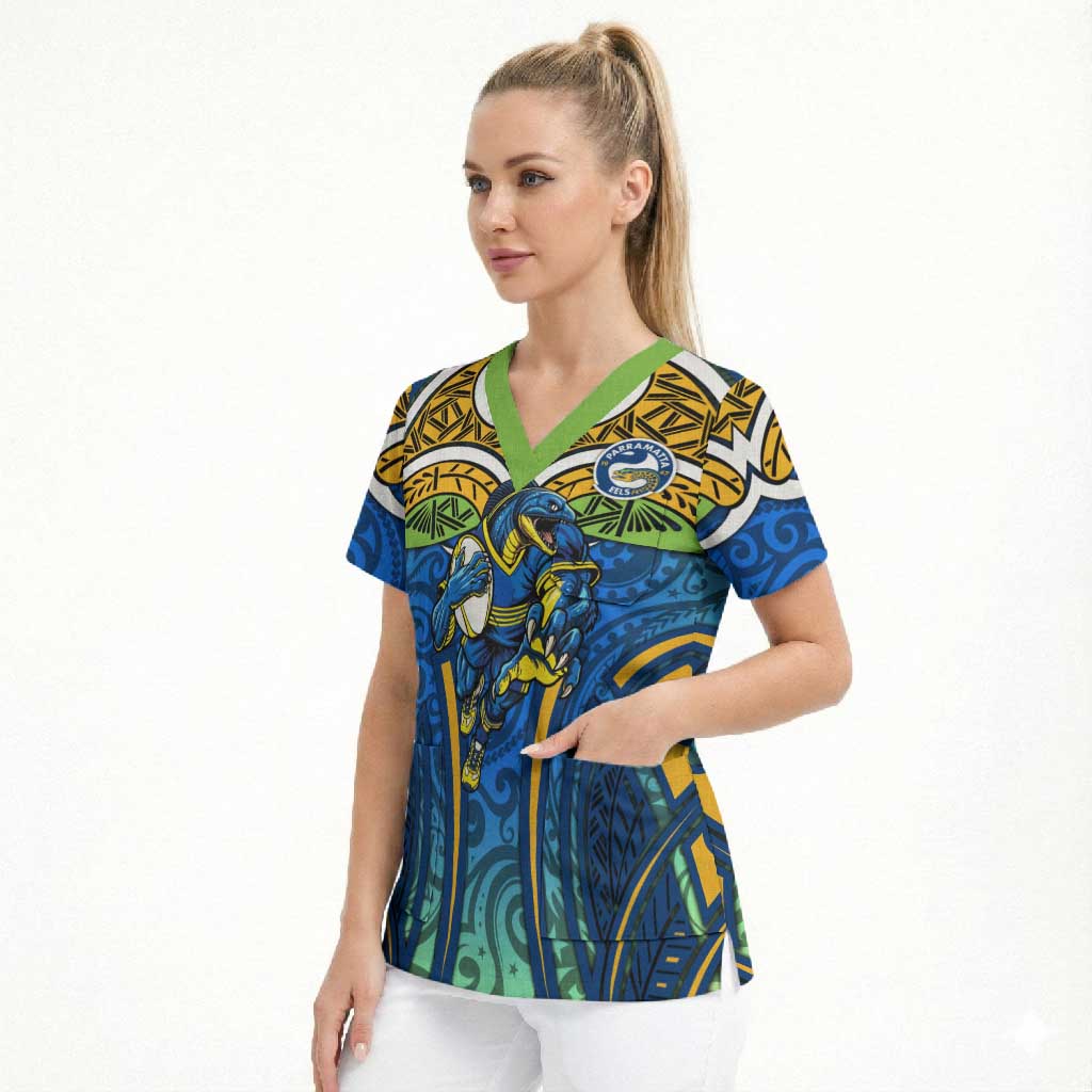 Parramatta Eels Rugby Scrub Top Polynesian Tribal Eel Warrior Blue Gold Pattern