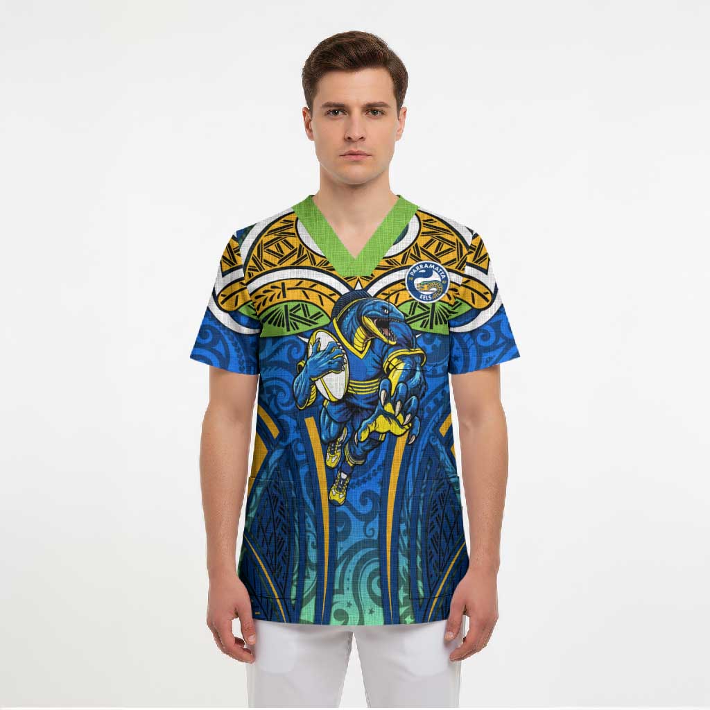 Parramatta Eels Rugby Scrub Top Polynesian Tribal Eel Warrior Blue Gold Pattern