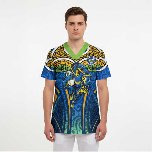 Parramatta Eels Rugby Scrub Top Polynesian Tribal Eel Warrior Blue Gold Pattern