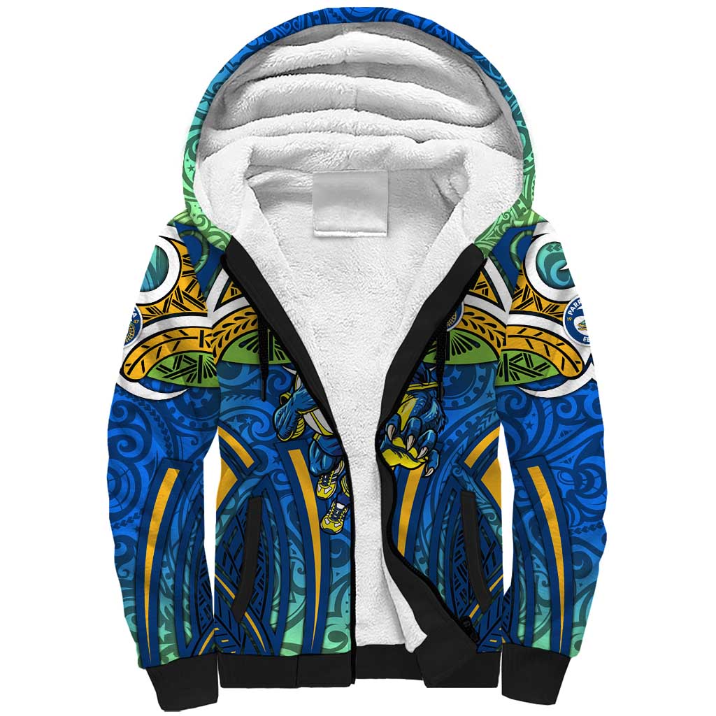 Parramatta Eels Rugby Sherpa Hoodie Polynesian Tribal Eel Warrior Blue Gold Pattern
