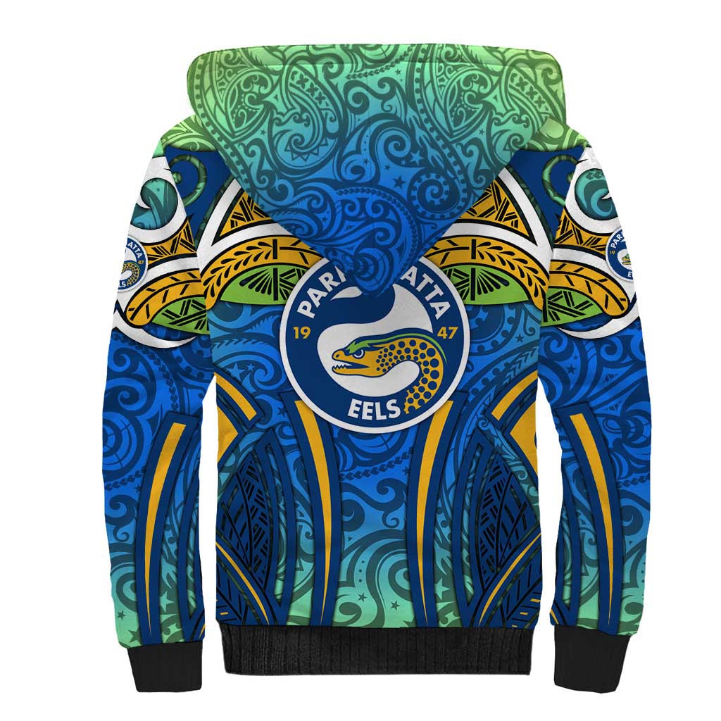 Parramatta Eels Rugby Sherpa Hoodie Polynesian Tribal Eel Warrior Blue Gold Pattern