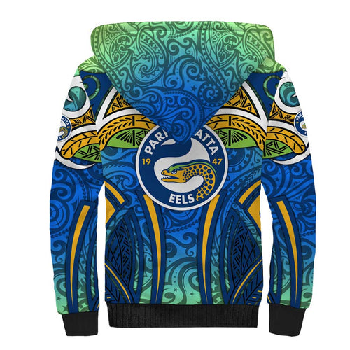 Parramatta Eels Rugby Sherpa Hoodie Polynesian Tribal Eel Warrior Blue Gold Pattern