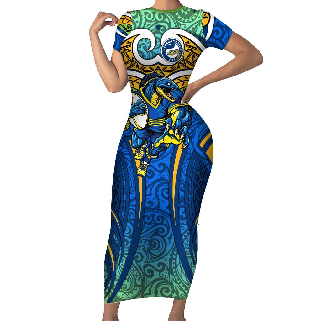 Parramatta Eels Rugby Short Sleeve Bodycon Dress Polynesian Tribal Eel Warrior Blue Gold Pattern
