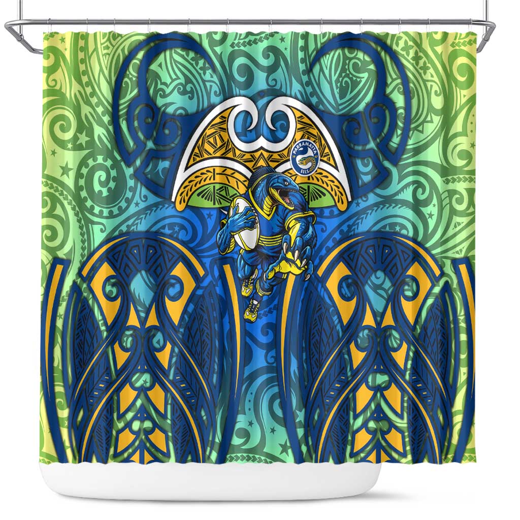 Parramatta Eels Rugby Shower Curtain Polynesian Tribal Eel Warrior Blue Gold Pattern