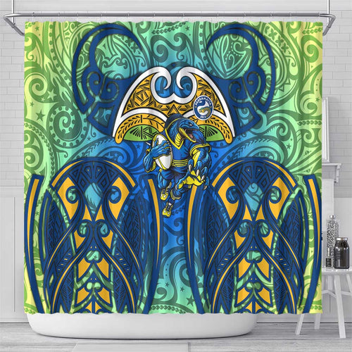 Parramatta Eels Rugby Shower Curtain Polynesian Tribal Eel Warrior Blue Gold Pattern