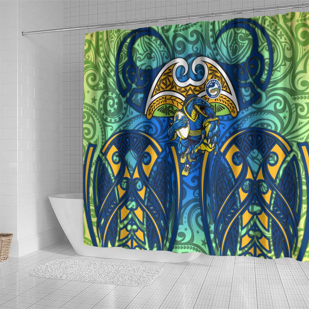 Parramatta Eels Rugby Shower Curtain Polynesian Tribal Eel Warrior Blue Gold Pattern