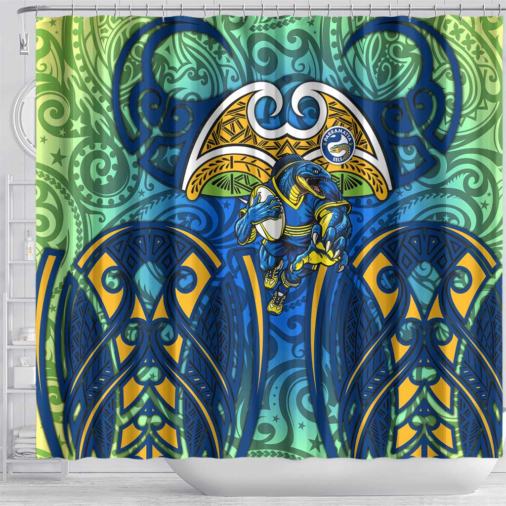 Parramatta Eels Rugby Shower Curtain Polynesian Tribal Eel Warrior Blue Gold Pattern