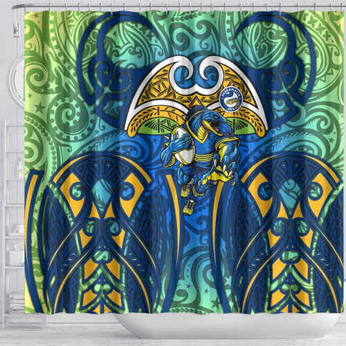 Parramatta Eels Rugby Shower Curtain Polynesian Tribal Eel Warrior Blue Gold Pattern