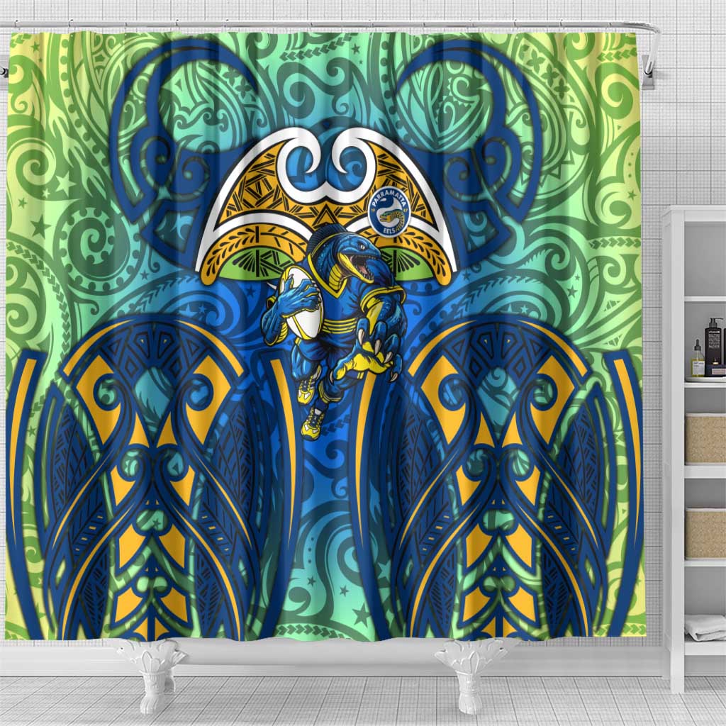Parramatta Eels Rugby Shower Curtain Polynesian Tribal Eel Warrior Blue Gold Pattern