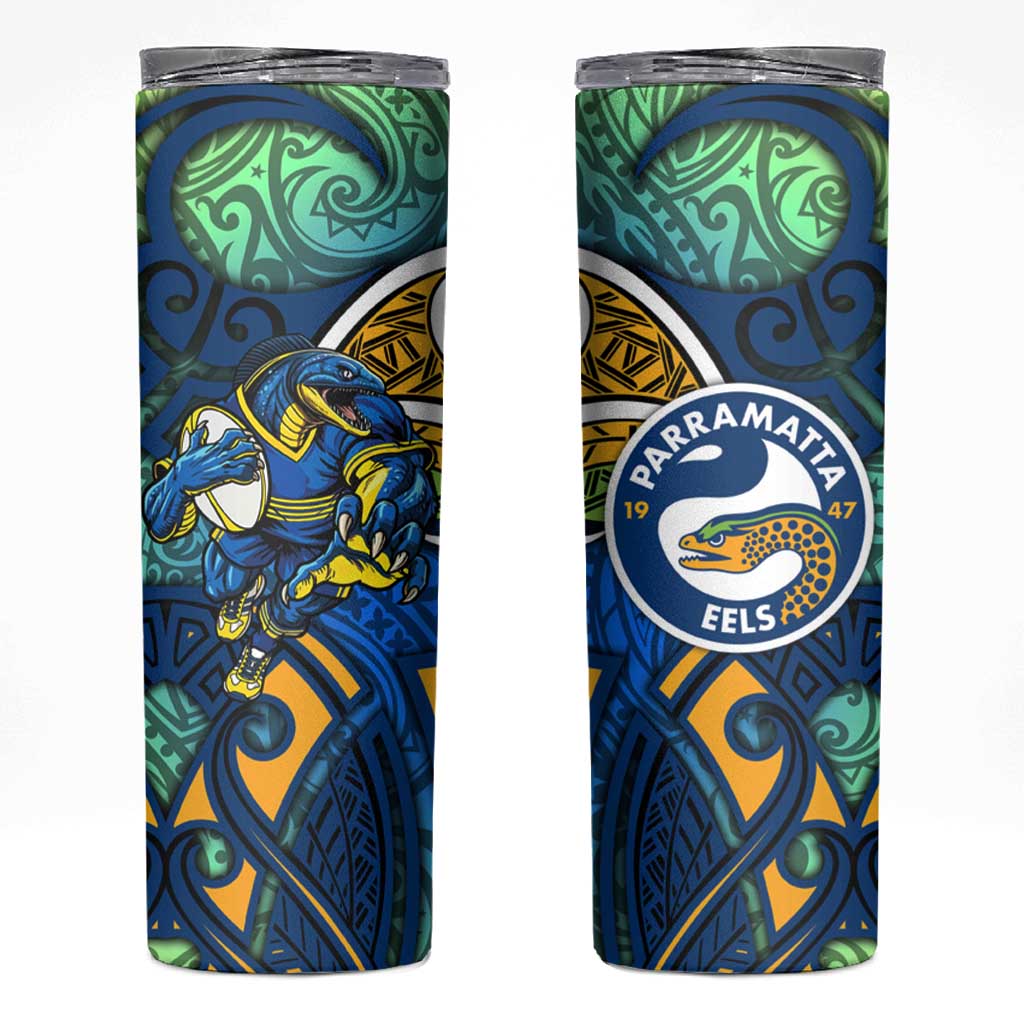 Parramatta Eels Rugby Skinny Tumbler Polynesian Tribal Eel Warrior Blue Gold Pattern