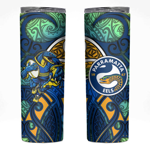 Parramatta Eels Rugby Skinny Tumbler Polynesian Tribal Eel Warrior Blue Gold Pattern
