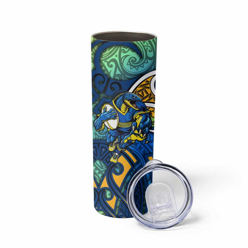 Parramatta Eels Rugby Skinny Tumbler Polynesian Tribal Eel Warrior Blue Gold Pattern