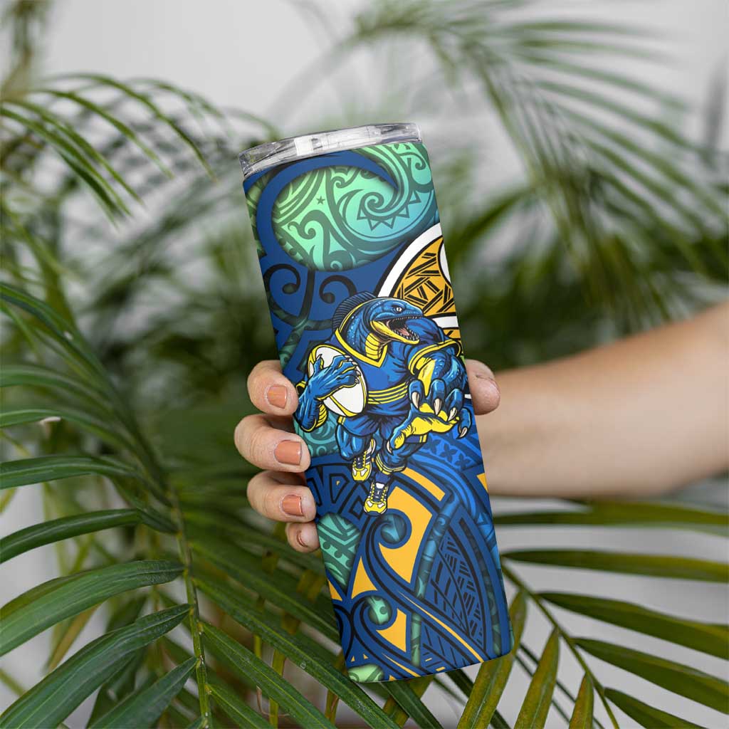 Parramatta Eels Rugby Skinny Tumbler Polynesian Tribal Eel Warrior Blue Gold Pattern