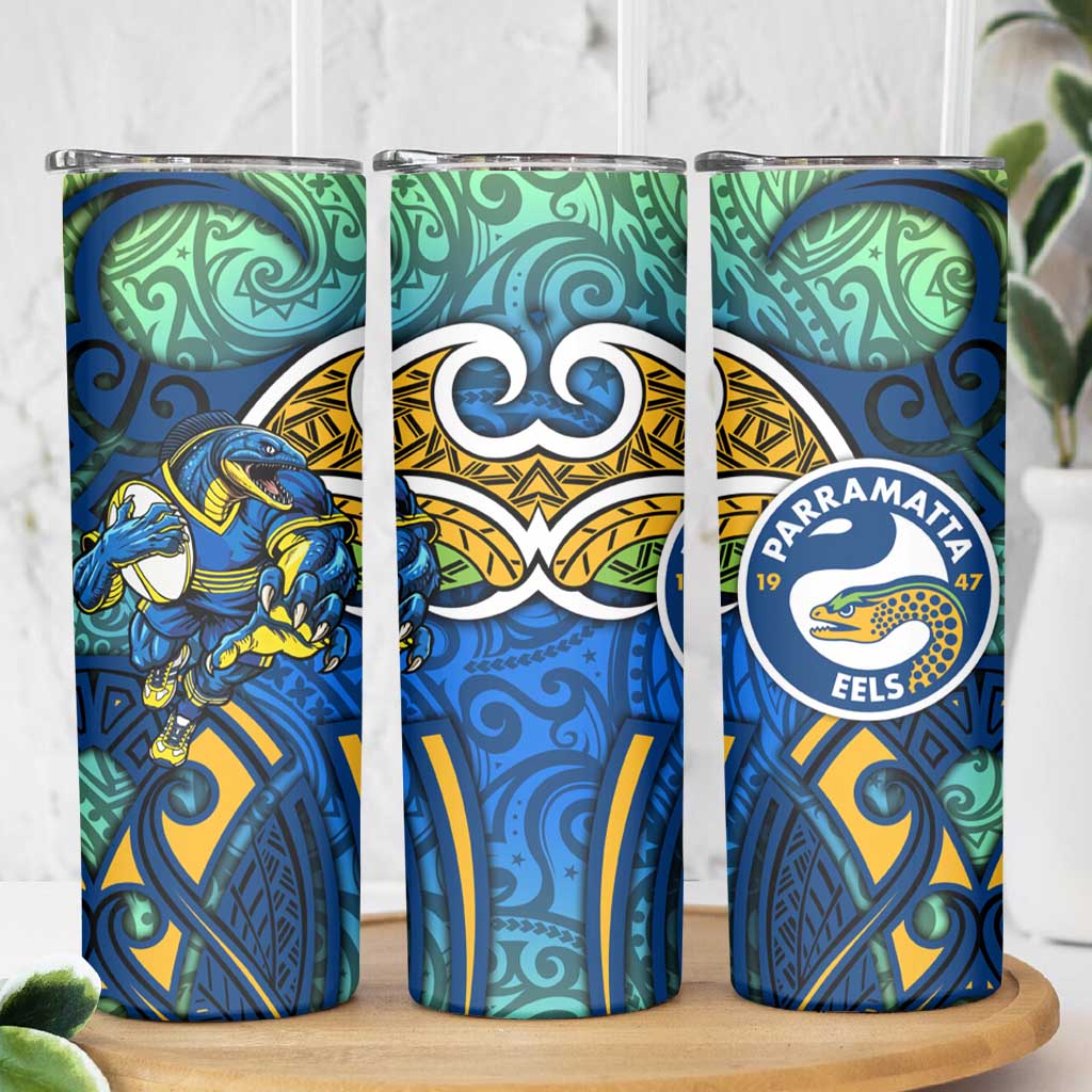 Parramatta Eels Rugby Skinny Tumbler Polynesian Tribal Eel Warrior Blue Gold Pattern