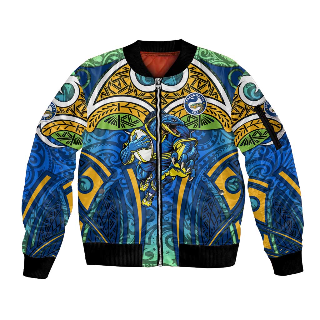 Parramatta Eels Rugby Sleeve Zip Bomber Jacket Polynesian Tribal Eel Warrior Blue Gold Pattern