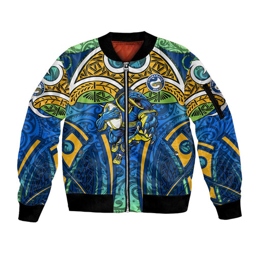 Parramatta Eels Rugby Sleeve Zip Bomber Jacket Polynesian Tribal Eel Warrior Blue Gold Pattern
