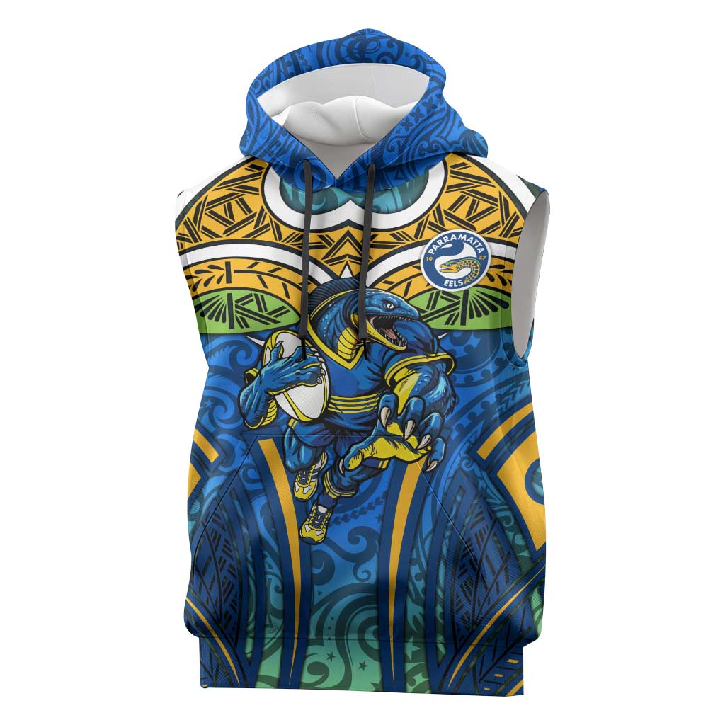 Parramatta Eels Rugby Sleeveless Hoodie Polynesian Tribal Eel Warrior Blue Gold Pattern