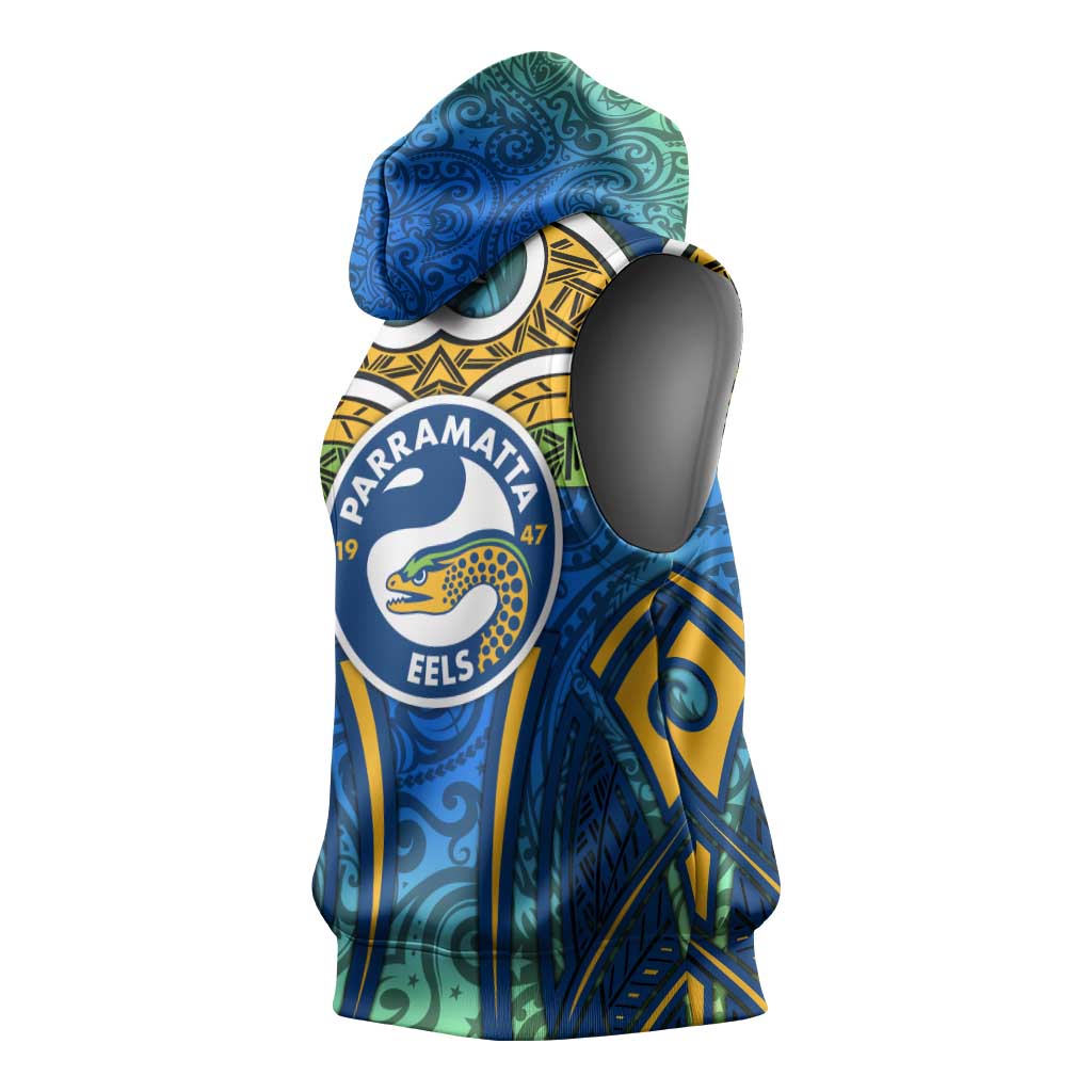 Parramatta Eels Rugby Sleeveless Hoodie Polynesian Tribal Eel Warrior Blue Gold Pattern