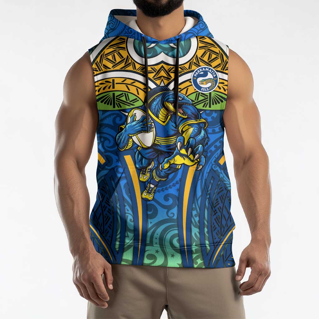 Parramatta Eels Rugby Sleeveless Hoodie Polynesian Tribal Eel Warrior Blue Gold Pattern