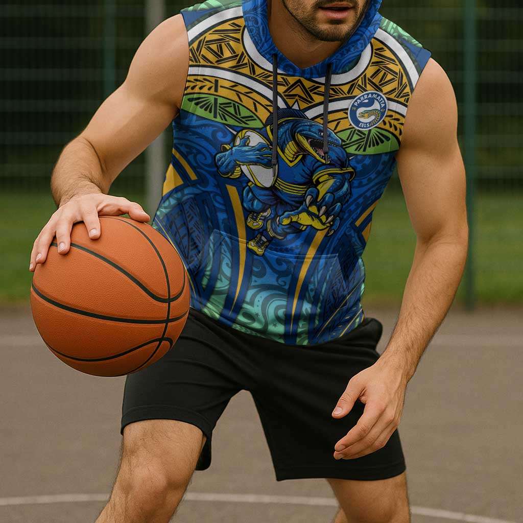 Parramatta Eels Rugby Sleeveless Hoodie Polynesian Tribal Eel Warrior Blue Gold Pattern