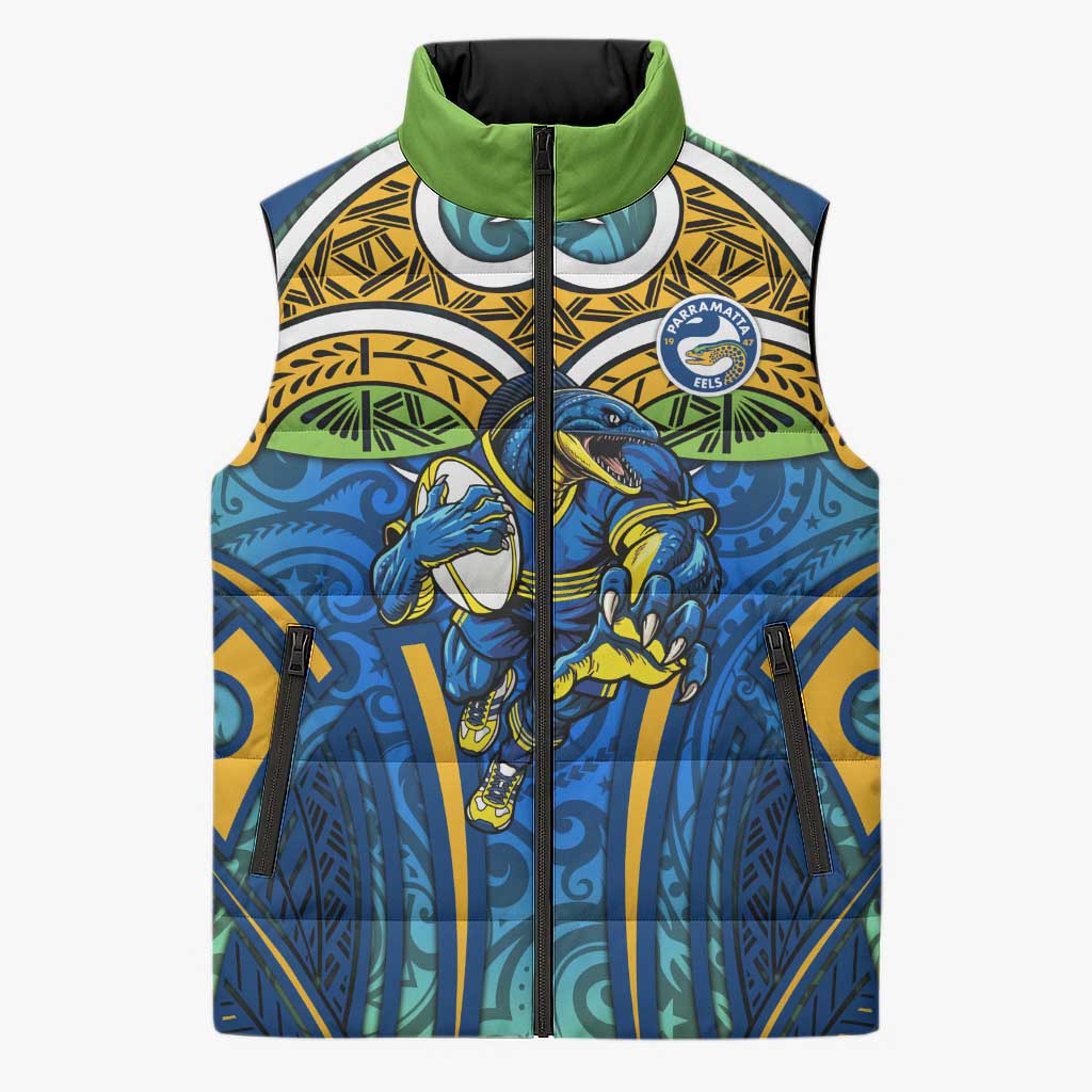 Parramatta Eels Rugby Sleeveless Puffer Jacket Polynesian Tribal Eel Warrior Blue Gold Pattern
