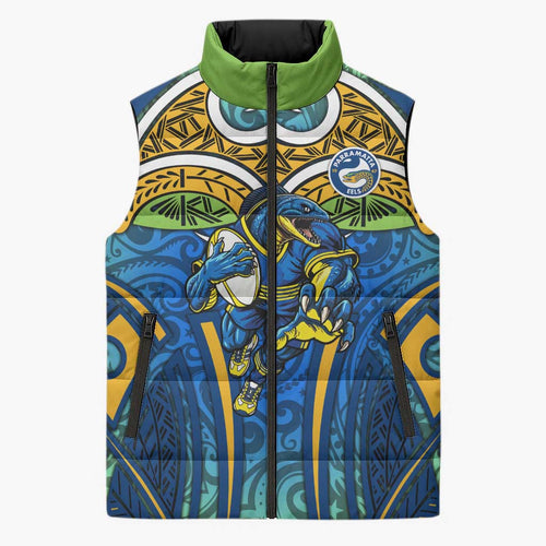 Parramatta Eels Rugby Sleeveless Puffer Jacket Polynesian Tribal Eel Warrior Blue Gold Pattern