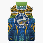 Parramatta Eels Rugby Sleeveless Puffer Jacket Polynesian Tribal Eel Warrior Blue Gold Pattern