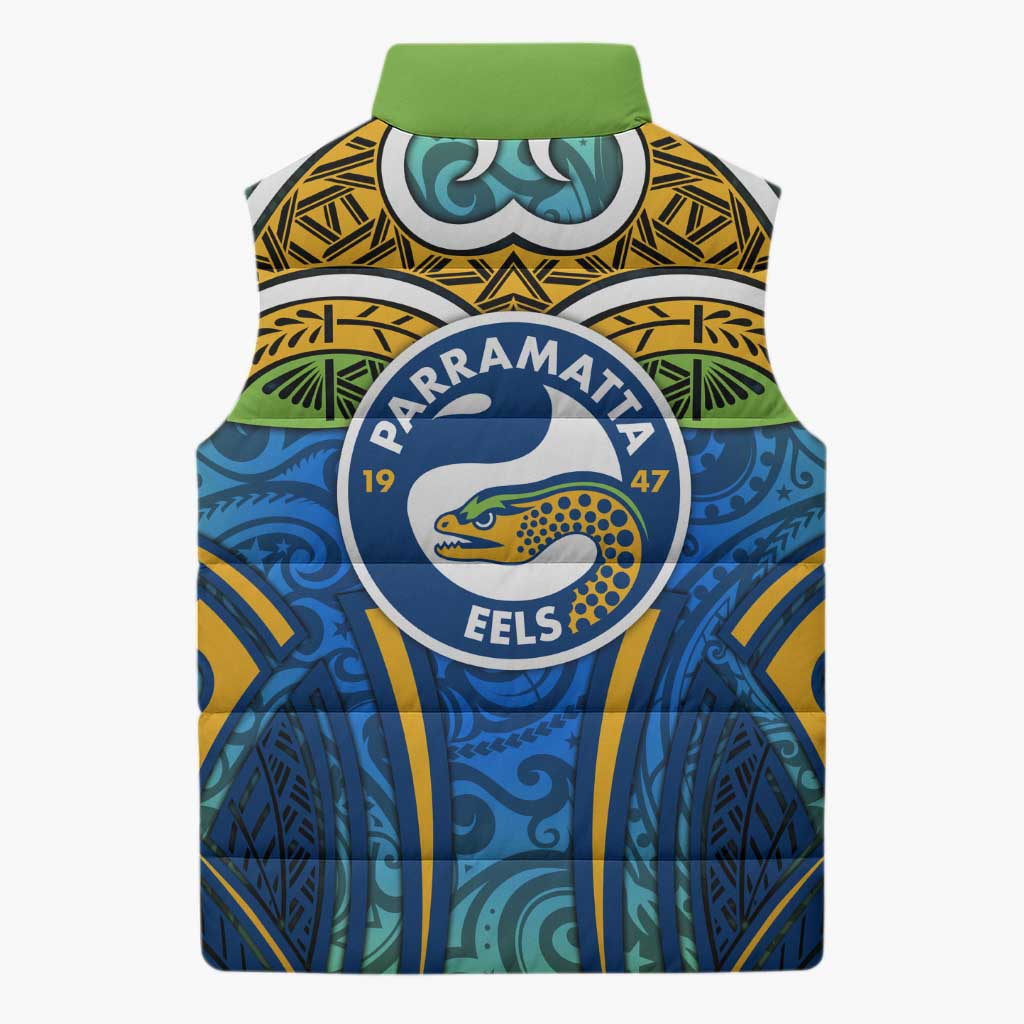 Parramatta Eels Rugby Sleeveless Puffer Jacket Polynesian Tribal Eel Warrior Blue Gold Pattern
