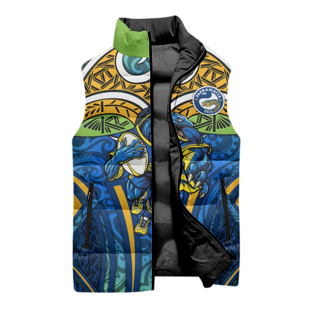 Parramatta Eels Rugby Sleeveless Puffer Jacket Polynesian Tribal Eel Warrior Blue Gold Pattern