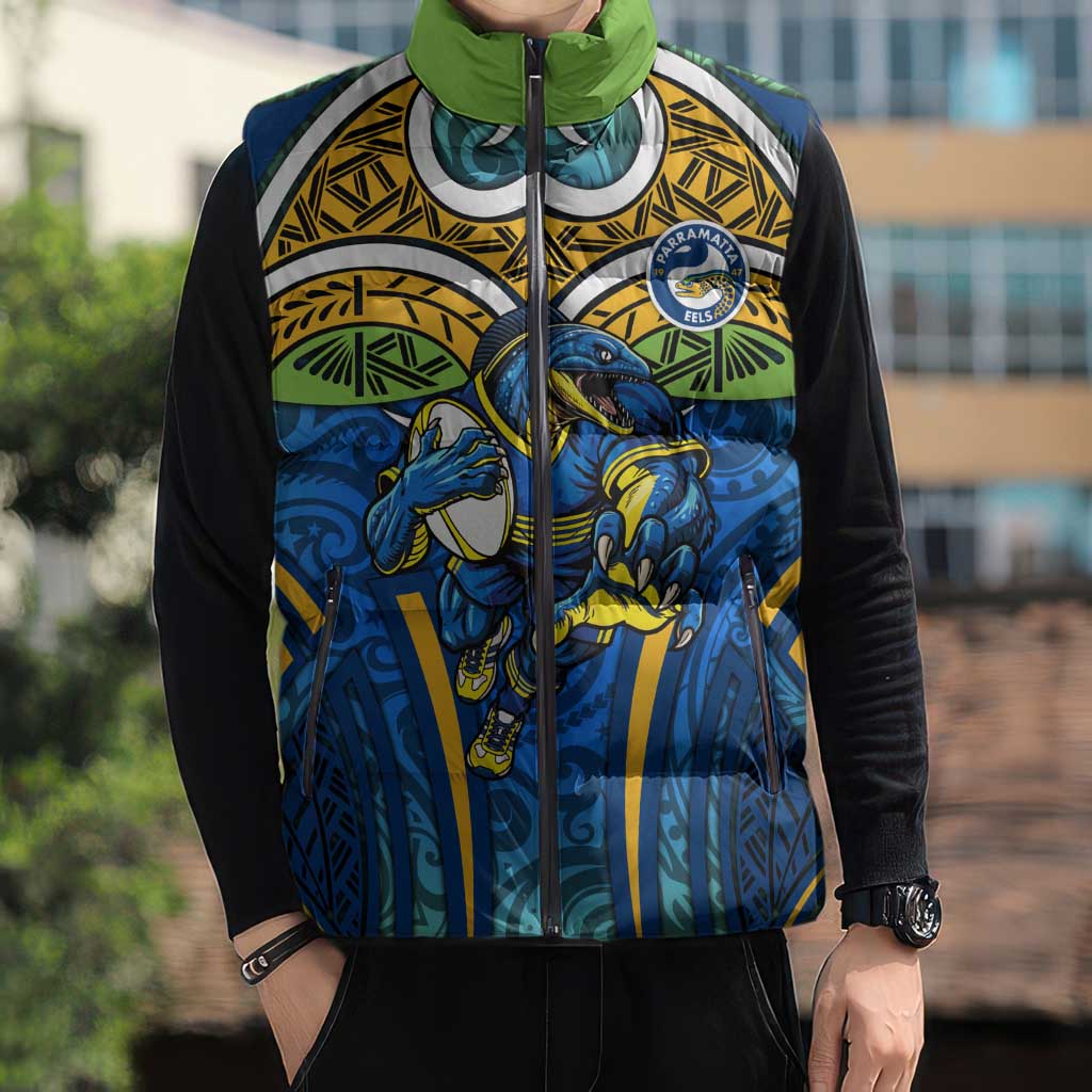 Parramatta Eels Rugby Sleeveless Puffer Jacket Polynesian Tribal Eel Warrior Blue Gold Pattern