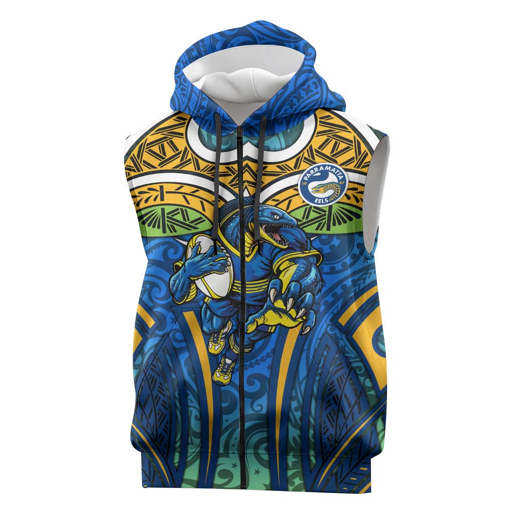 Parramatta Eels Rugby Sleeveless Zip Hoodie Polynesian Tribal Eel Warrior Blue Gold Pattern