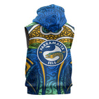 Parramatta Eels Rugby Sleeveless Zip Hoodie Polynesian Tribal Eel Warrior Blue Gold Pattern