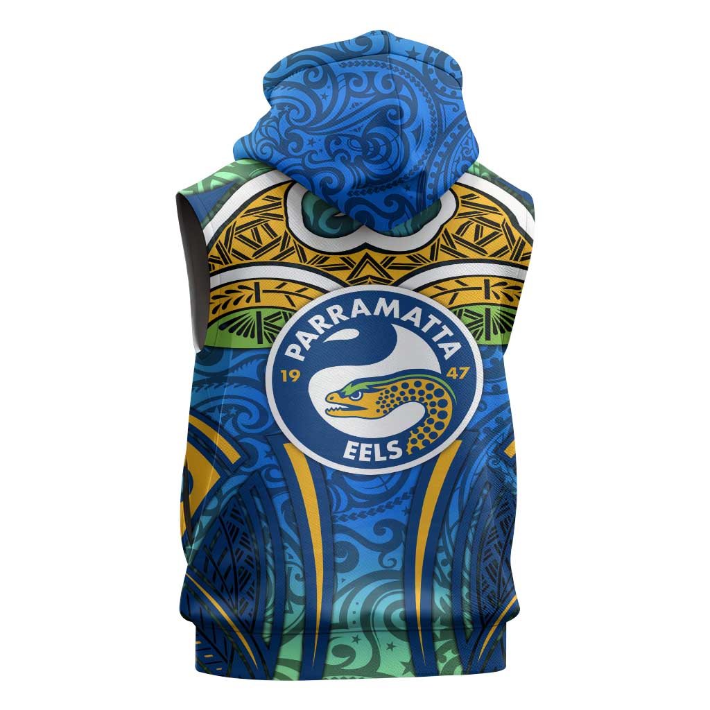 Parramatta Eels Rugby Sleeveless Zip Hoodie Polynesian Tribal Eel Warrior Blue Gold Pattern