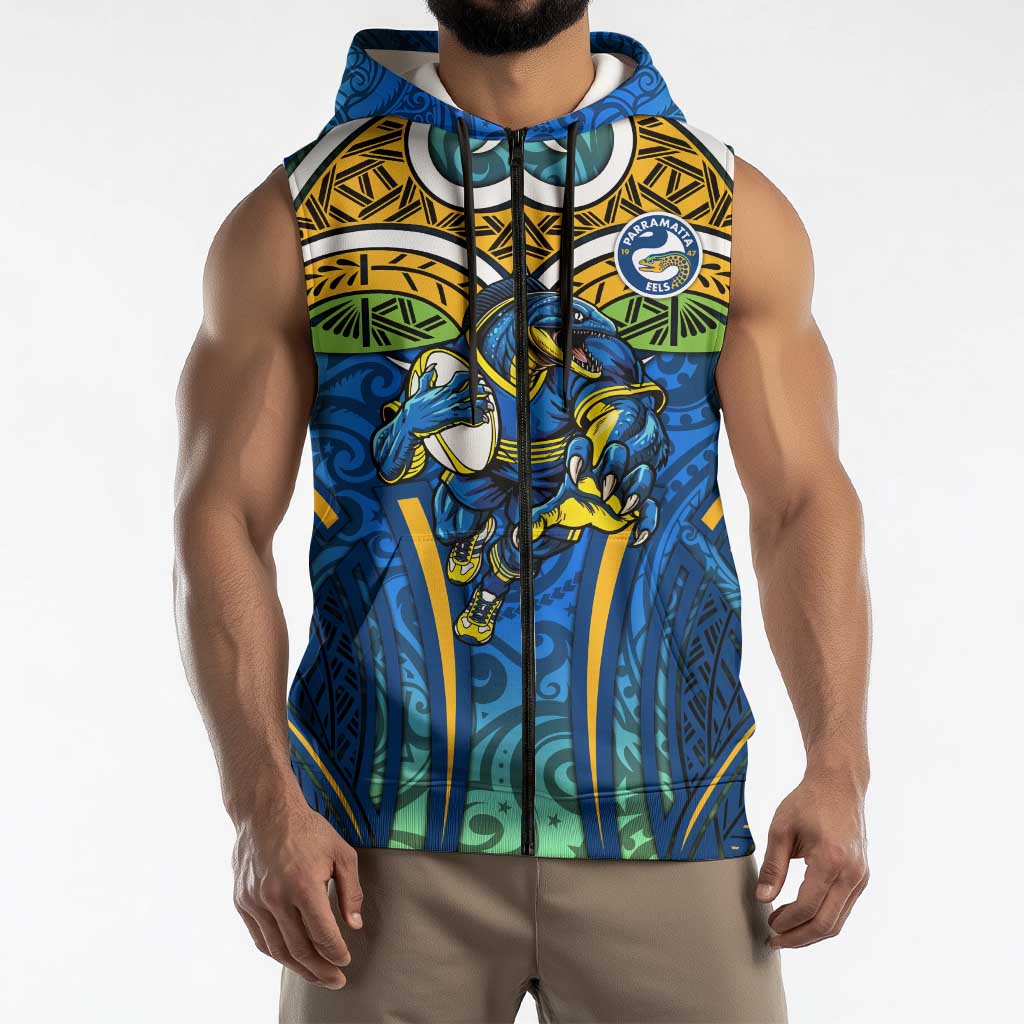 Parramatta Eels Rugby Sleeveless Zip Hoodie Polynesian Tribal Eel Warrior Blue Gold Pattern
