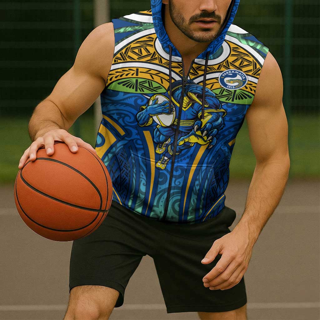 Parramatta Eels Rugby Sleeveless Zip Hoodie Polynesian Tribal Eel Warrior Blue Gold Pattern