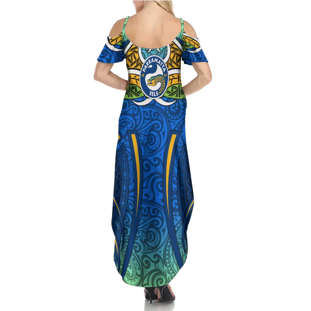 Parramatta Eels Rugby Summer Maxi Dress Polynesian Tribal Eel Warrior Blue Gold Pattern