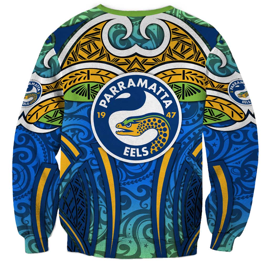 Parramatta Eels Rugby Sweatshirt Polynesian Tribal Eel Warrior Blue Gold Pattern
