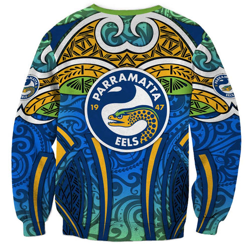 Parramatta Eels Rugby Sweatshirt Polynesian Tribal Eel Warrior Blue Gold Pattern