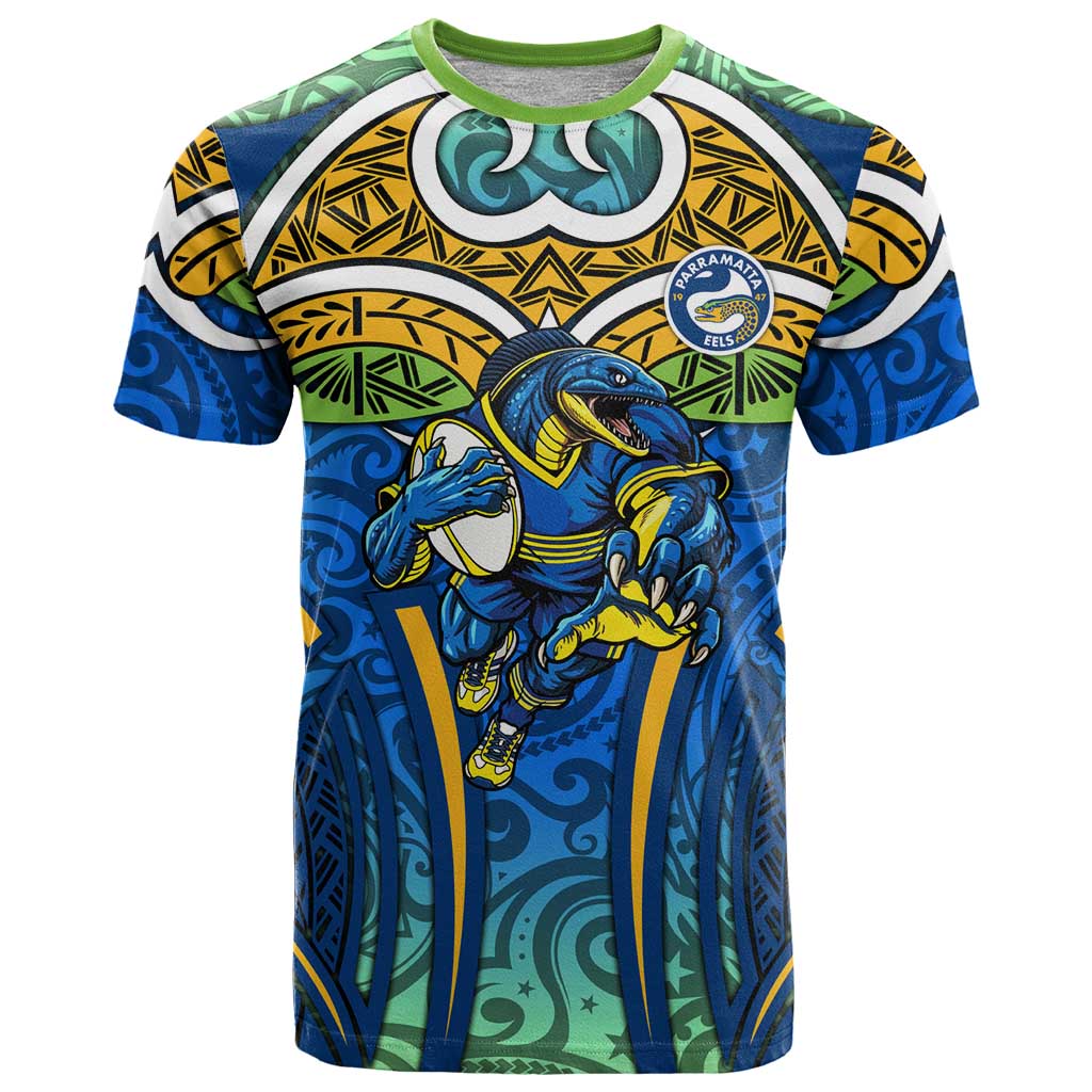 Parramatta Eels Rugby T Shirt Polynesian Tribal Eel Warrior Blue Gold Pattern